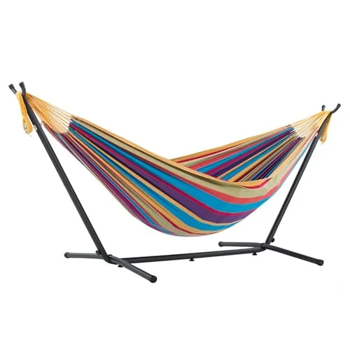Vivere Double Cotton Hammock with Space-Saving Steel Stand Vivere Double Cotton Hammock with Space-Saving Steel Stand