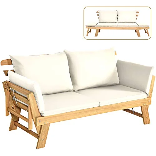 Tangkula Convertible Acacia Wood Patio Sofa Bed Tangkula Convertible Acacia Wood Patio Sofa Bed