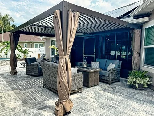 Domi 10x13 Aluminum Outdoor Louvered Pergola with Curtains and Netting Domi 10x13 Aluminum Outdoor Louvered Pergola with Curtains and Netting