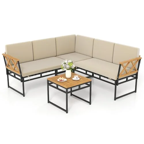 Tangkula L-Shaped Outdoor Sectional Sofa Set, 4 Pieces Acacia Wood with Bungee Rope Seat Tangkula L-Shaped Outdoor Sectional Sofa Set, 4 Pieces Acacia Wood with Bungee Rope Seat