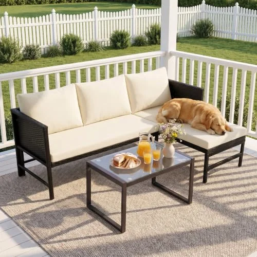 HOMEZILLIONS 3 Pieces Wicker L-Shaped Outdoor Sectional HOMEZILLIONS 3 Pieces Wicker L-Shaped Outdoor Sectional