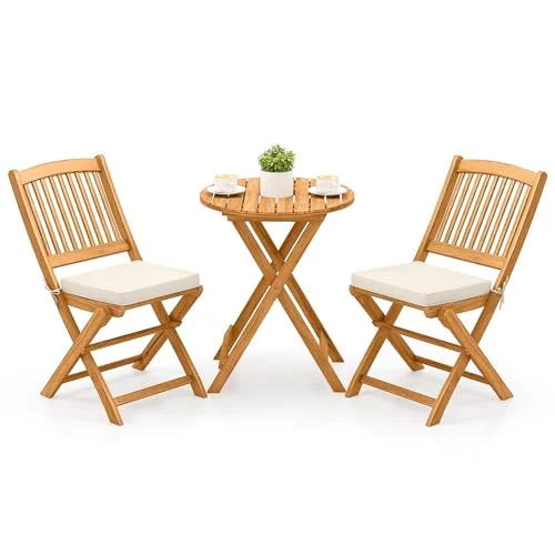 Tangkula 3-Piece Acacia Wood Folding Bistro Set Tangkula 3-Piece Acacia Wood Folding Bistro Set